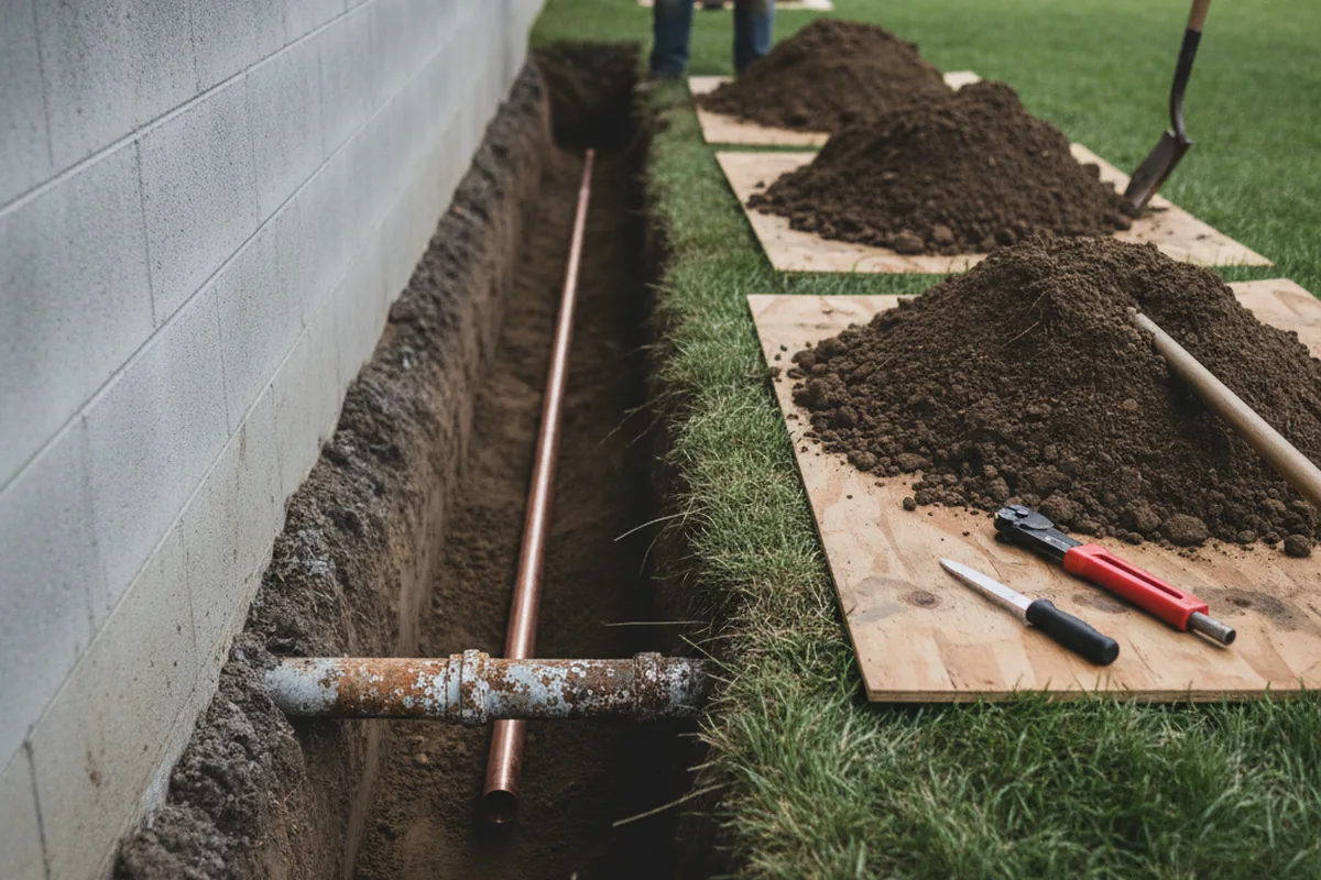 Excavated water line trench during Water Heater Repair in Kitty Hawk